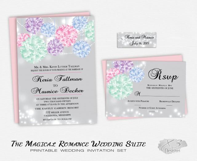 wedding photo - Romantic Pastel Wedding Invitation Suite- Printable Whimsical Backyard Wedding Invitation- Pink Mint Purple Blue Flowers & String Lights DIY