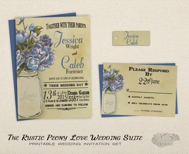 wedding photo - Printable Rustic Wedding Invitation Set, Mason Jar Wedding Invitation, Vintage Shabby Chic Wedding Invitation with Blue Peonies - DIY Barn Wedding Invite