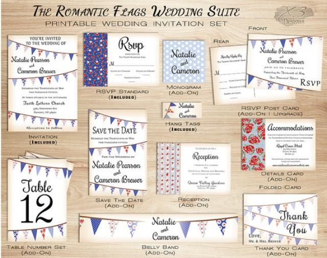 wedding photo - Rustic Barn Wedding Invitation Set, Printable Country Wedding Invitation w/ Bunting Flags for Summer - Red and Blue, DIY