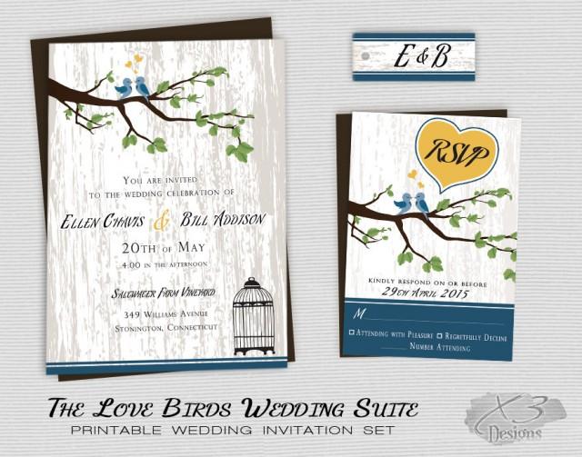 wedding photo - Rustic Country Wedding Invitation, Printable Love Birds Wedding, Barn Wedding Invite, Backyard Wedding, Tree Branch, Birdcage, Yellow & Blue