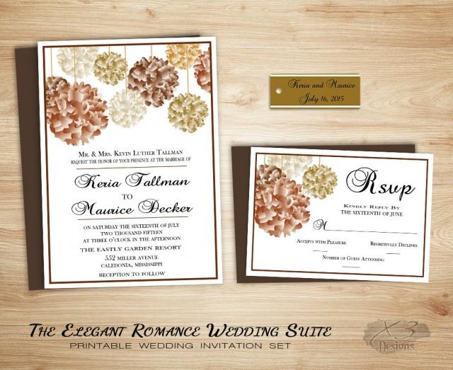 wedding photo - Fall Floral Country Wedding Invitation Suite- Printable Romantic Backyard Wedding Invitation w/ Copper Brown Pom Poms -DIY Classy Invite