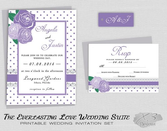 wedding photo - Rustic Floral Wedding Invitation Printable, Country Wedding, Backyard Wedding Invite w/ Lavender Roses, Spring Rustic Wedding DIY