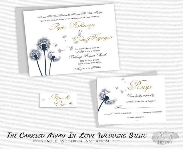 wedding photo - Fall Rustic Wedding Invitation, Printable Country Barn Wedding Invite, Floral Summer Wedding Invitation w/ Navy Blue & Gold Dandelion DIY