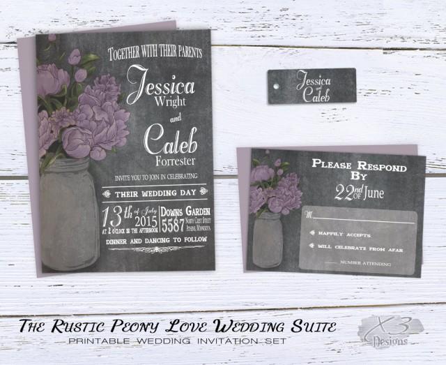 wedding photo - Rustic Mason Jar Wedding Invitation Suite - Spring Chic Country Wedding Invitation with Lavender Peonies on Chalkboard DIY Printable Invite