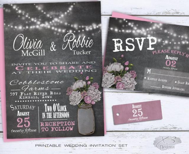 wedding photo - Mason Jar Chalkboard Wedding Invitation Set, Rustic Country Wedding Invite, Pink & White Peonies, Printable DIY String Light Barn Wedding
