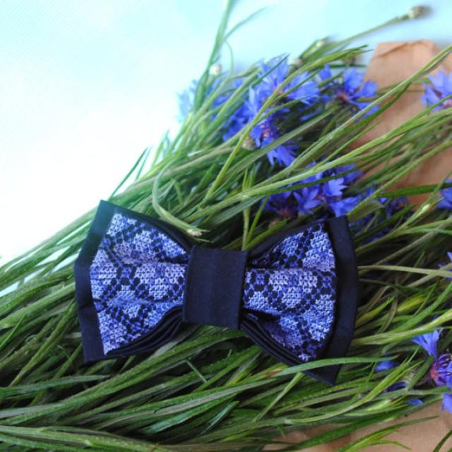 wedding photo - Father's day gift Embroidered man's bow tie Blue navy pretied bowtie Wedding bow tie Groomsman bow tie Gift for him Dad's gift Boys bow ties