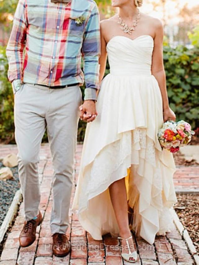 wedding photo - A-line Asymmetrical Taffeta Lace Tiered Sweetheart Wedding Dresses