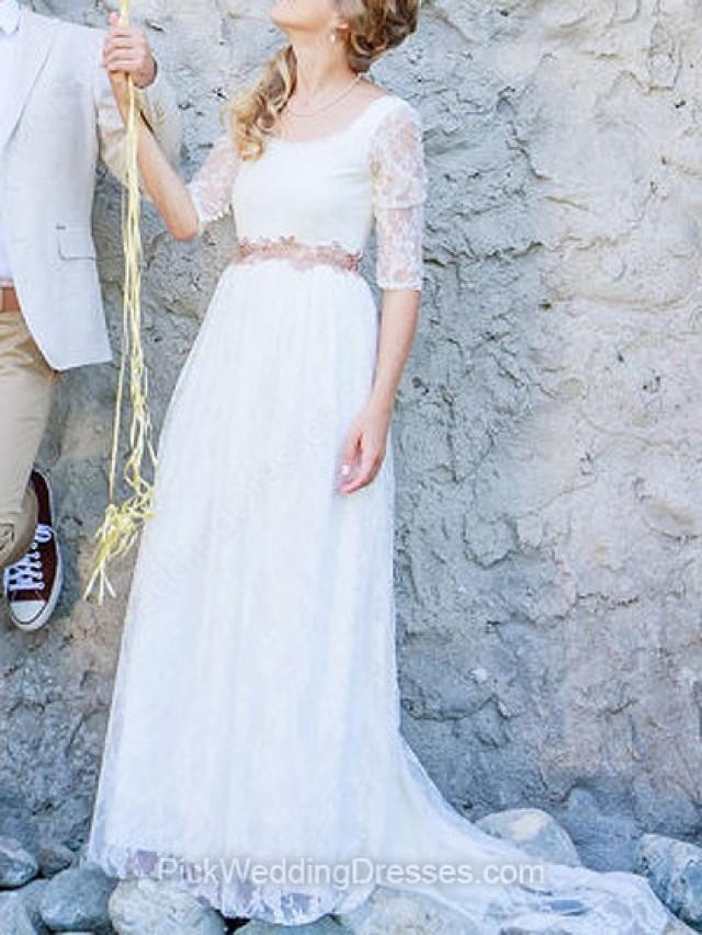 wedding photo - A-line Sweep Train Lace Satin Sashes/Ribbons Square Wedding Dresses