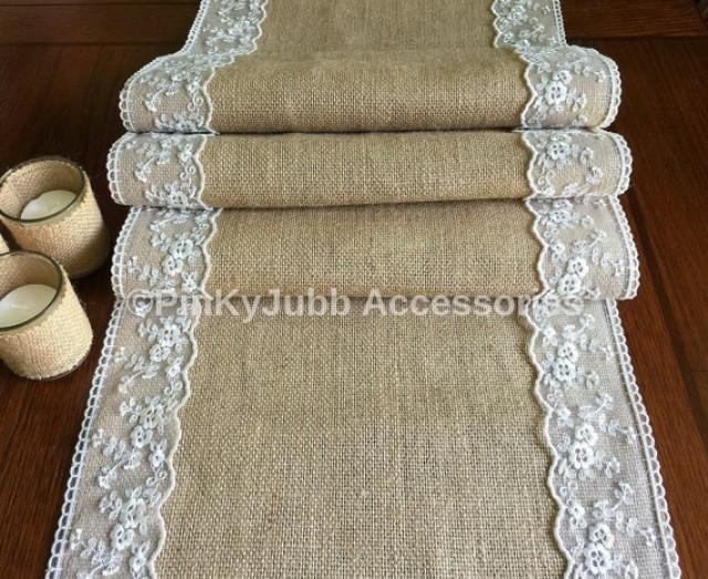 wedding photo - rustic burlap table runner with ivory color lace trim, rustic wedding, engagement table decoration runner