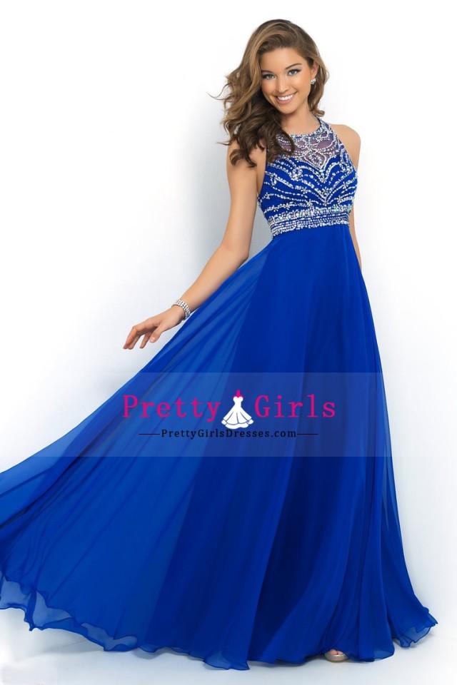 wedding photo - 2015-New-Arrival-Halter-Tulle-Chiffon-Sweep-Train-Prom-Dresses-A-Line-Princess-With-Beading