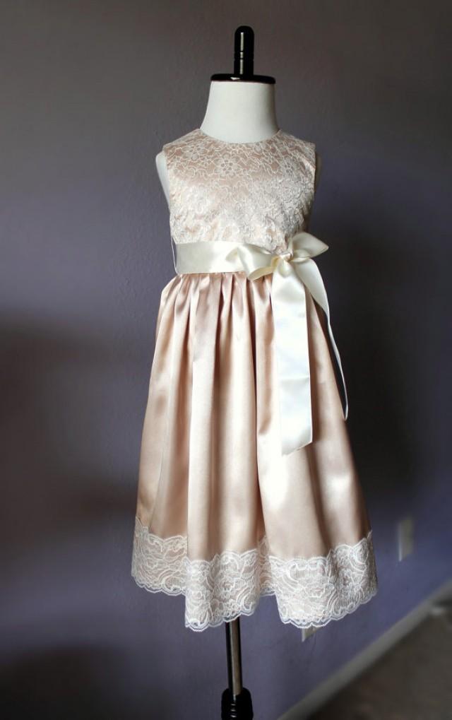 wedding photo - Champagne Satin and Lace Flower Girl Dress, Sizes 2T-18, Ivory Lace, Wedding, Easter, Birthday, Princess