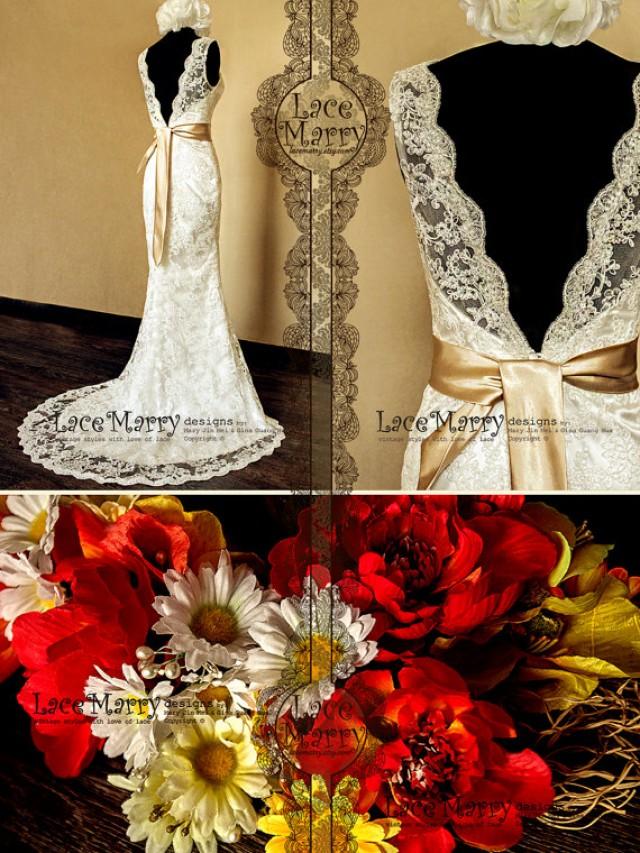 wedding photo - Deep V-Cut Back Vintage Style Lace Wedding Dress Features Illusion Neckline and Satin Sash