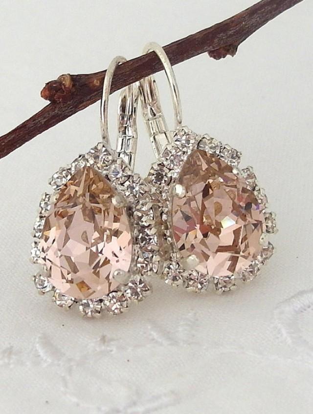 wedding photo - Blush Pink crystal teardrop earring, Drop earring, Swarovski Rhinestone Halo Earring, Bridal earring, Bridesmaid gift, Dangle earring Silver