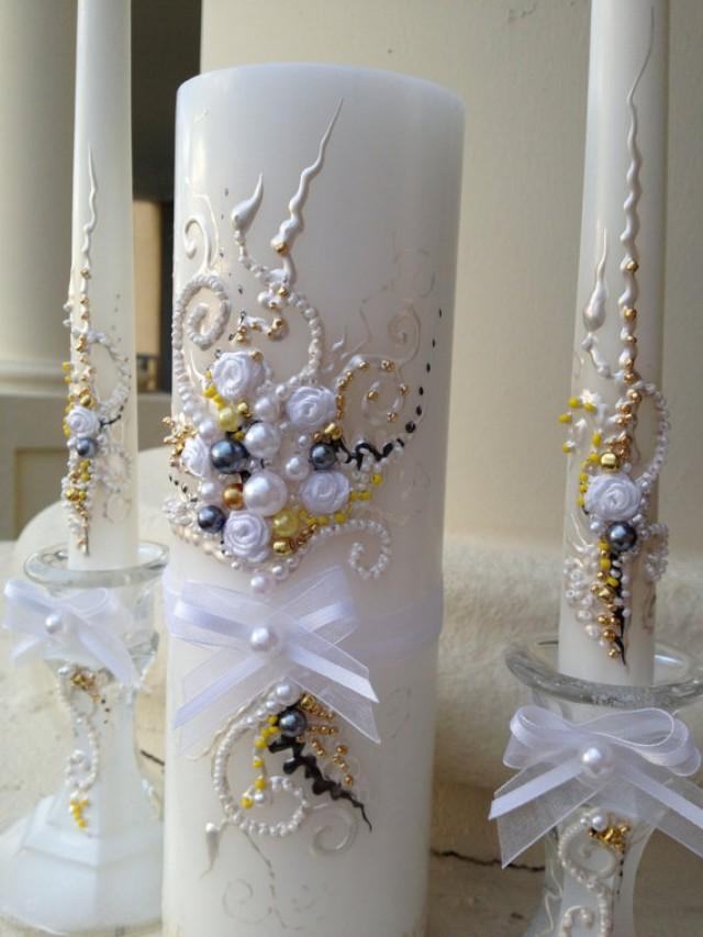 wedding photo - Elegant Wedding unity candle set in white, grey, gold and yellow, wedding unity ceremony, wedding candles