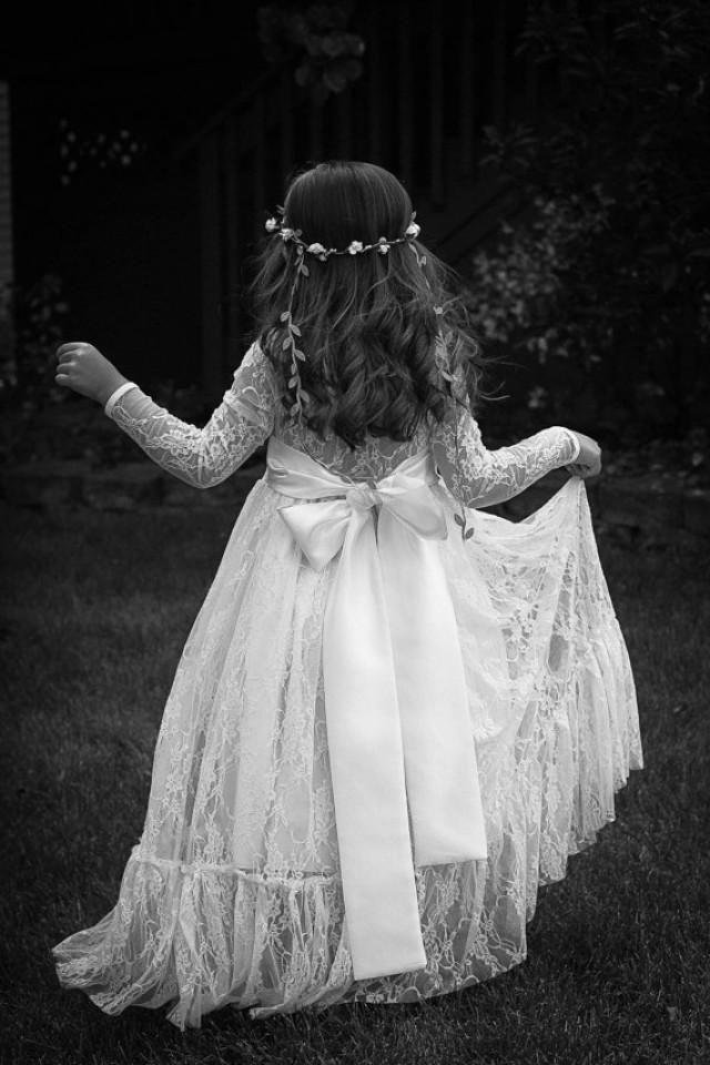 wedding photo - Lace Flower Girl Dress, Girls Lace Maxi Dress, Girls Rustic Dress, Communion Dress, Long Sleeve Flower Girl Dress, Girls Boho Dress