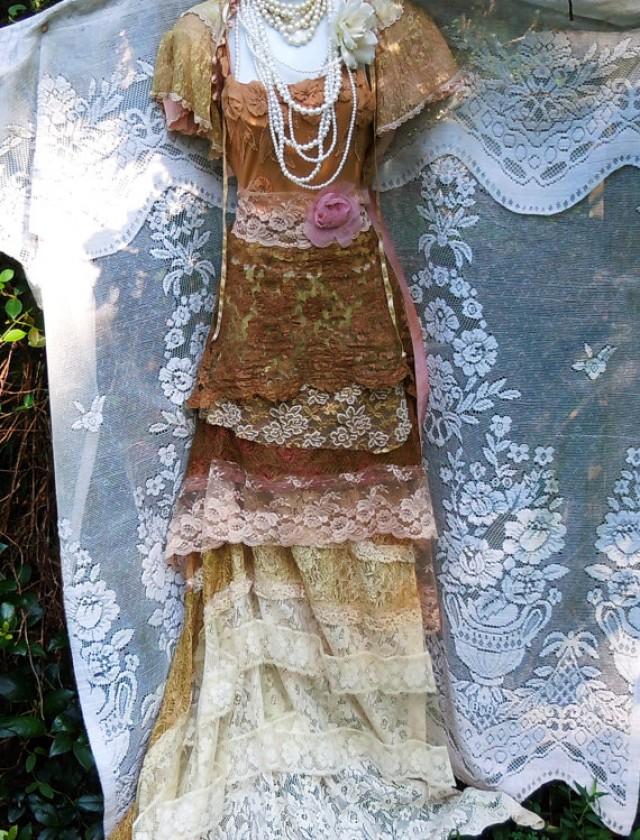Beige Wedding Dress Tea Stained Lace Silk Floral Vintage Bohemian