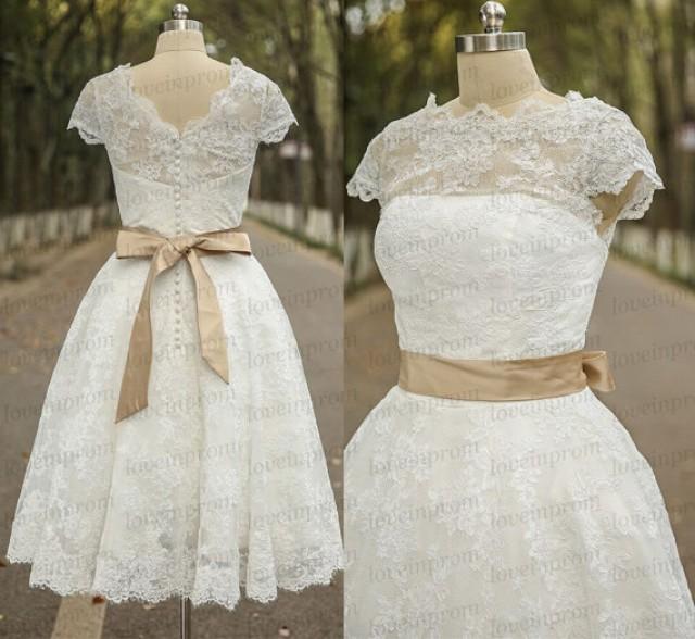 wedding photo - Cap Sleeve Short Beach Wedding Dress,Handmade Lace Wedding Gowns,Mini White/Ivory Dress For Wedding