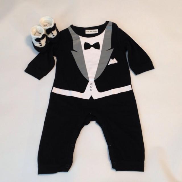 Tuxedo Baby Romper+Tuxedo Shoes, Formal Suit, Baby Boys