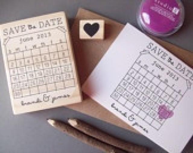 Save The Date Stamp Set - DIY Calendar Stamp With Heart Over Your Date - Names And Location -- Wedding Rubber Stamp