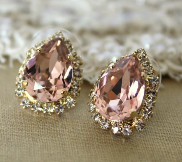 wedding photo - Blush Pink Earrings,Crystal Blush Earrings,Swarovski Crystal Earrings,Vintage PinkTeardrop Stud Earrings, Bridal Earrings Bridesmaids Studs