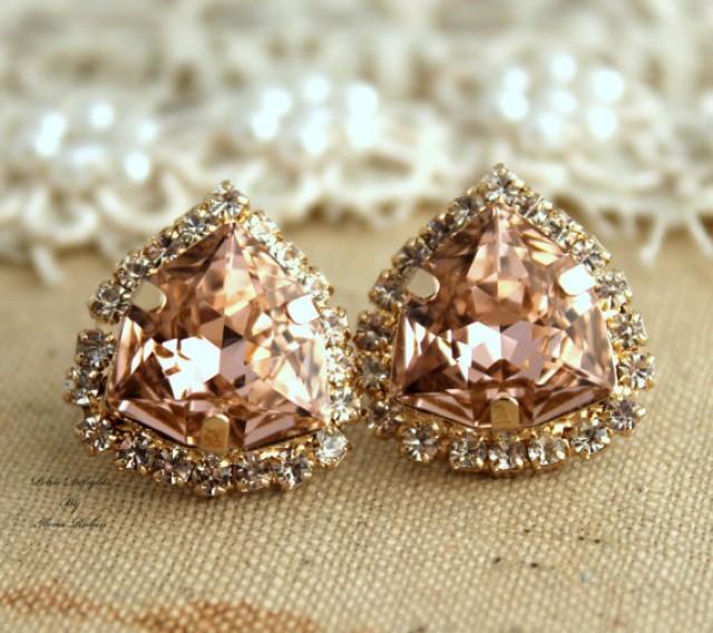 wedding photo - Pink Blush Earrings,Crystal Vintage Pink stud earring bridesmaids gifts bridal earrings, 14k 1 micron Thick Gold plated swarovski earrings