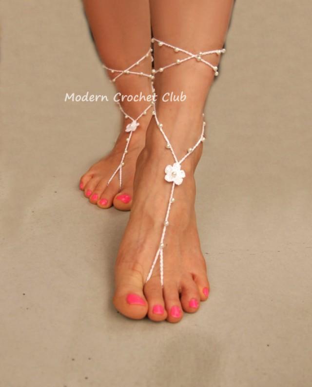 wedding photo - Barefoot sandals Pearl FLOWER,beach wedding accessory,ecru footless sandals,nude shoes,lace shoes,bridesmaids gift,legwear,solles sandals