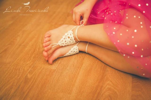 wedding photo - Baby TODDLER Barefoot Sandals,baby triangle sandal in IVORY,children sandals,beach birthday party accessory,flower girl shoes,beach wedding