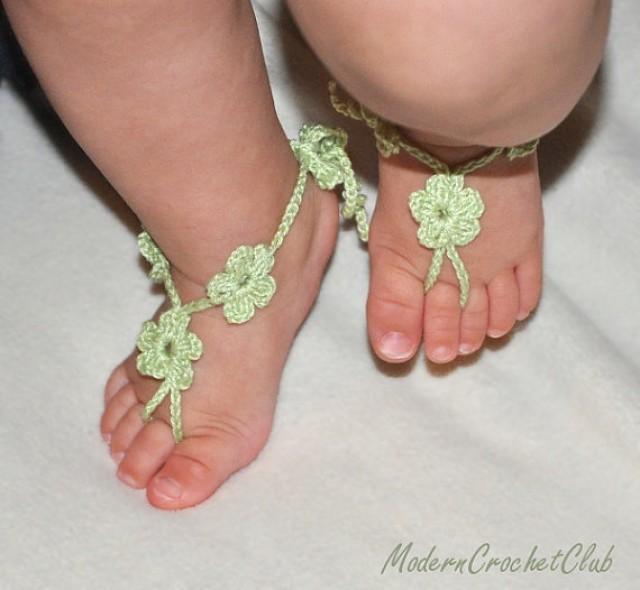 wedding photo - Crochet Baby Barefoot Sandals,LIGHT GREEN FLOWER girl sandals,children sandals,beach birthday accessory,flower girl shoe,wedding accessories