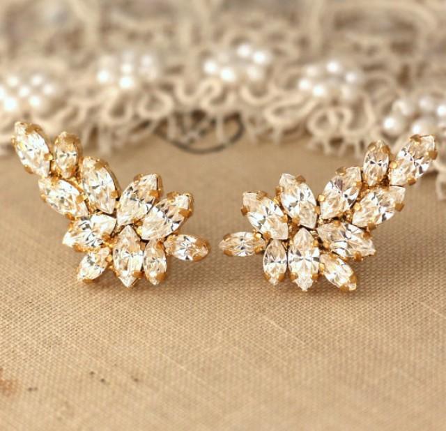wedding photo - Bridal earrings, White Crystal Climbing earrings, statement earrings, Bridal dangle earrings, Swarovski Trending earrings, prom jewelry.