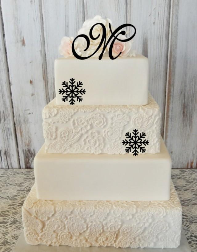 wedding photo - 5" Tall Monogram Initial & (2) Snowflake Swarvoski Crystal Cake Topper Letter A B C D E F G H I J K L M N O P Q R S T U V W X Y Z
