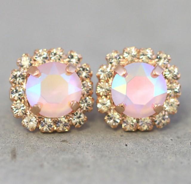 wedding photo - Pink Crystal Earrings,Pink Powder Swarovski Earrings,Pink Blush AB Crystal Earrings,Bridesmaids Pink Earrings,Pink Rose Gold Swarovski Studs