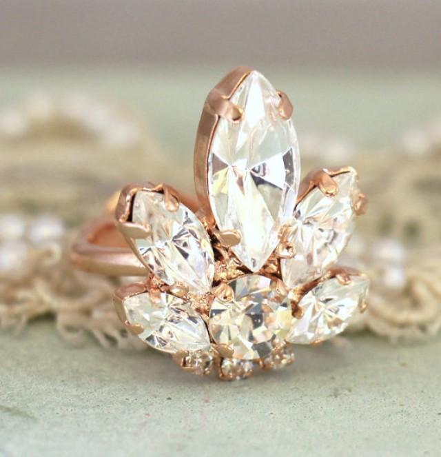 wedding photo - Swarovski Crystal Ring,Rose Gold Cocktail Crystal Ring,Bridal Swarovski Ring,Victorian Style Crystal Elegant Ring,Rose Gold Crystal Ring