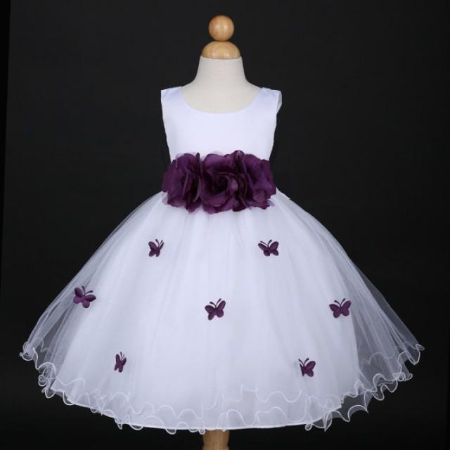 wedding photo - White with plum butterfly petal baby Infant easter party wedding flower girl dress 6M 12m 18m 2 4 6 8 10 F14WH