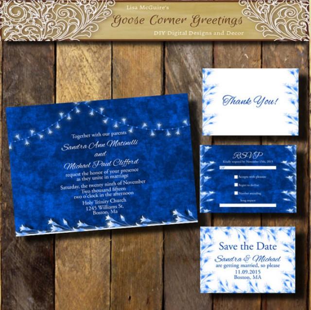 wedding photo - Cobalt Blue Wedding Invitation Suite String Lights Winter Wedding Any color Flourish Sapphire Bridal Shower Rehearsal Dinner Navy Blue