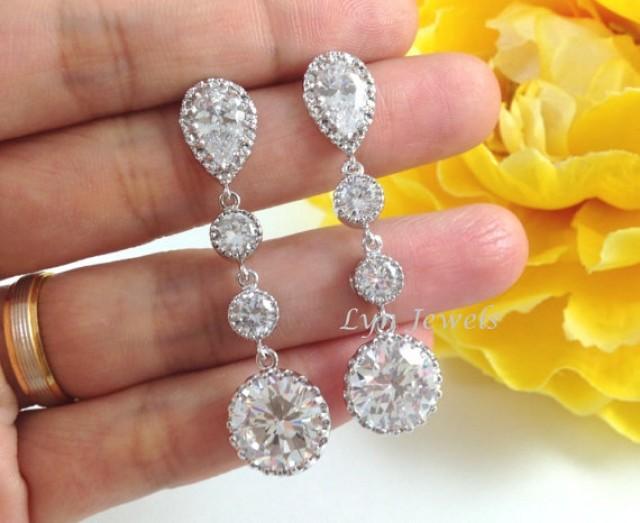 Wedding Earrings Long Cubic Zirconia Bridal Bridesmaids Round Sparkly