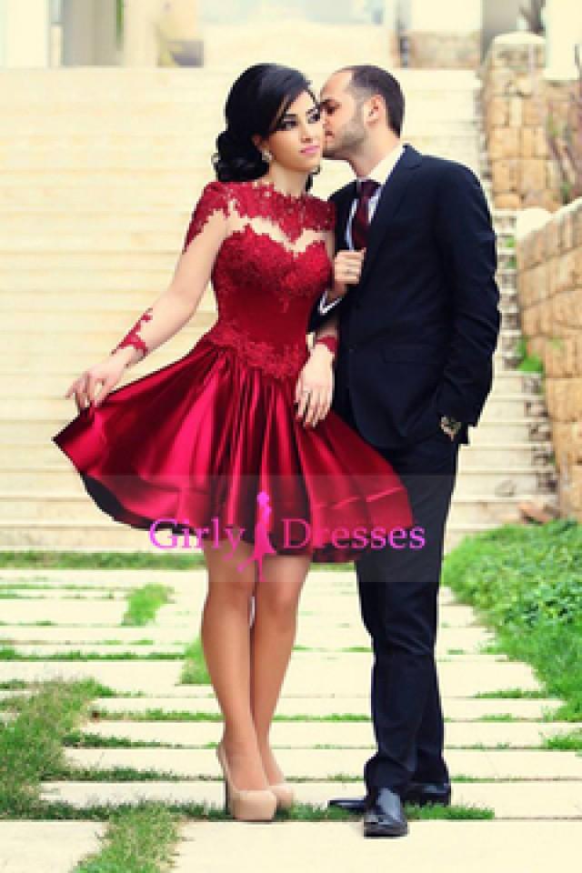 wedding photo - 2015 Beautiful Prom Dresses Short A-Line Scoop Long Sleeves With Applique
