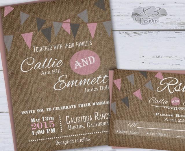 wedding photo - Rustic Wedding Invitation, Spring Barn Wedding Invitation, Pink & Gray Bunting Flags, Country Wedding Invite, Printable Backyard Wedding DIY