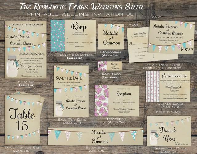wedding photo - Printable Rustic Wedding Invitation, Mason Jar Wedding Invitation, Summer Barn Wedding Invite w/ Bunting Flags, Backyard Country Wedding Table Number, Thank You Card, Favor Tag, Rsvp, Belly Bands, Save the Dates, Enclosure Cards by X3designs on Etsy.