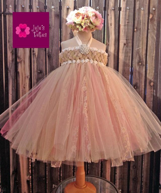 Sweet Sophistication Flower Girl Dress, shown in Champagne and Gold with pops of Coral Pink