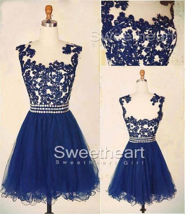wedding photo - A-line Navy Blue Lace Short Prom Dress, Homecoming Dress from Sweetheart Girl