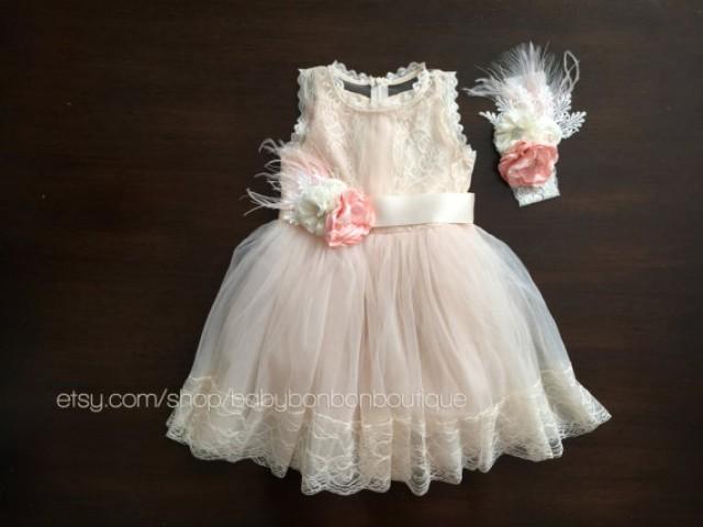 wedding photo - baptism dress, christening dress, champagne baby girl dress, creme flower girl dress, christening gown, baby lace dress