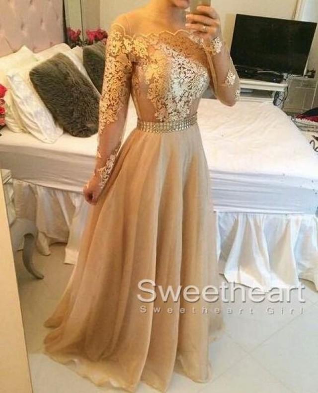 wedding photo - Champagne A-line Lace Long Prom Dress, Formal Dress from Sweetheart Girl