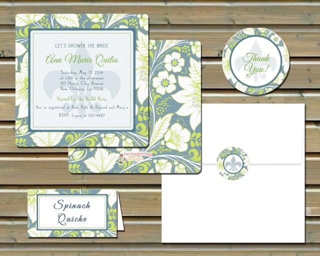 wedding photo - Printed Floral & Fleur de Lis Bridal Shower Invitations - Custom Colors Available