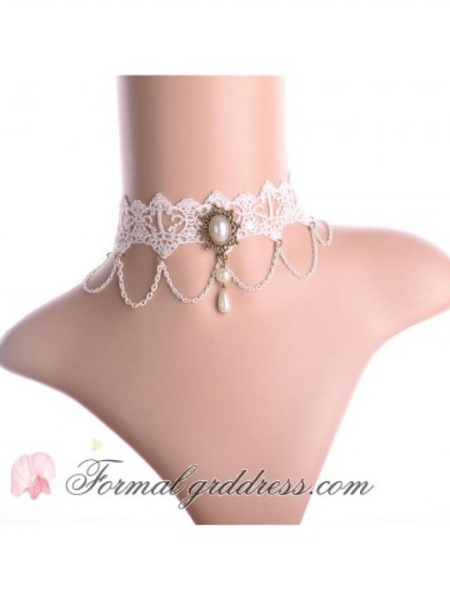 wedding photo - Sweet High Quality White Pearl Teardrop Pendant Lolita Princess Lace Choker