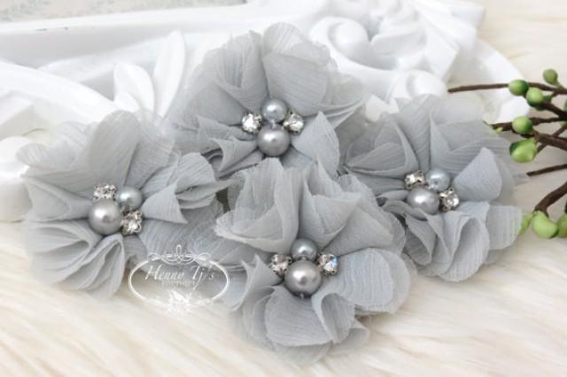 NEW: 4 pcs Aubrey PALE GRAY - Soft Chiffon with pearls and rhinestones Mesh Layered Small Fabric Flowers, Hair accessories