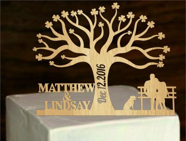 wedding photo - Rustic Cake Topper a Tree of life,Custom Wedding Cake Topper Personalized With Your First Names, a dog silhouette - bride and groom on bench