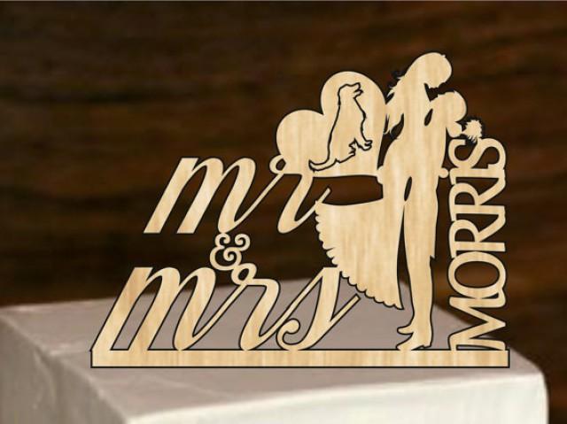 wedding photo - Custom Wedding Cake Topper Mr and Mrs Personalized With Your Last Name, a Heart and dog, Rustic Wedding Cake Topper, Silhouette cake topper