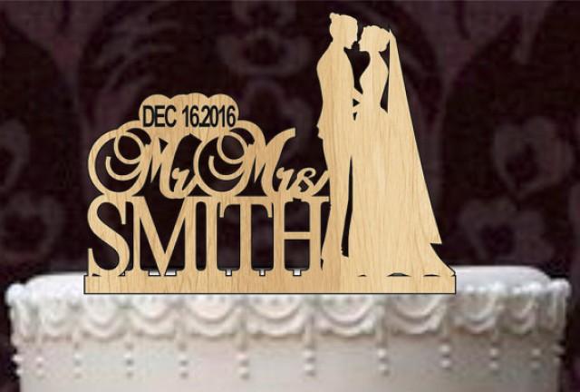 wedding photo - Custom Wedding Cake Topper Monogram Personsalized Silhouette With Your Last Name, wedding date, Rustic Wedding Cake Topper - Bride and Groom