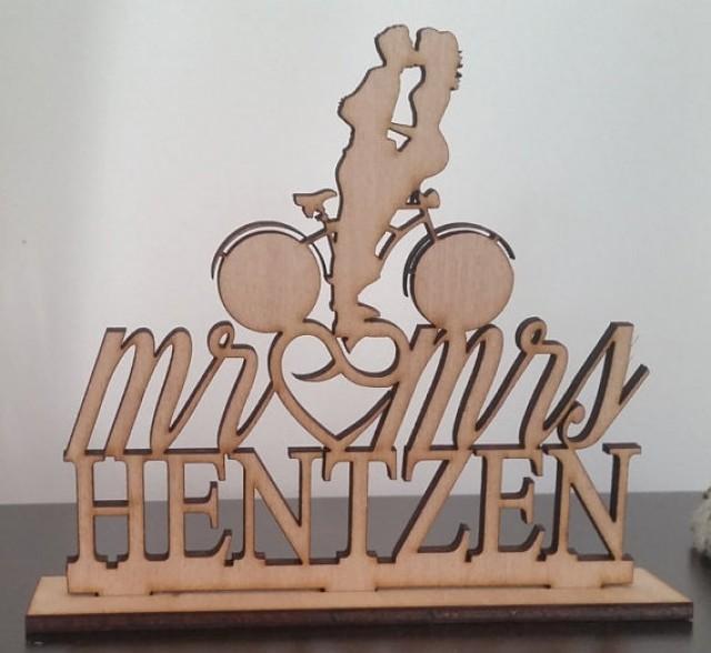 wedding photo - Custom Wedding Cake Topper Mr and Mrs with a bicycle silhouette, your last name - Rustic Wedding Cake topper, Monogram Personalized topper