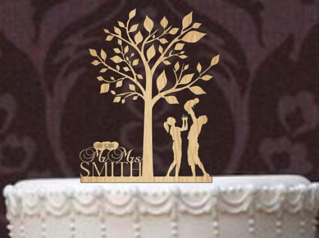 wedding photo - Custom Wedding Cake Topper Monogram Personsalized Silhouette With Your Last Name, wedding date, Tree of life, Rustic wedding cake topper